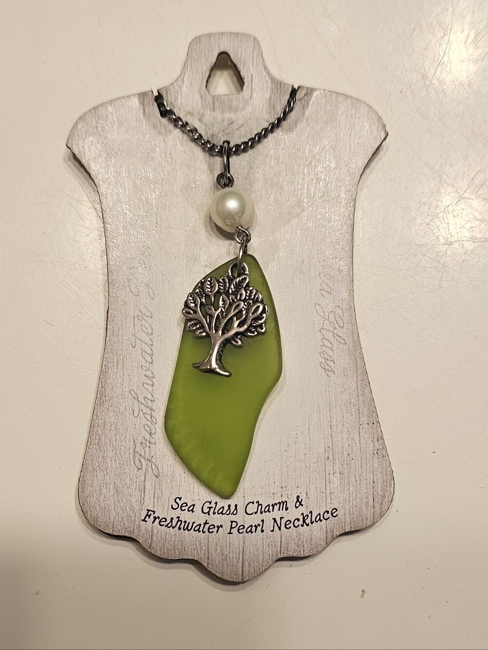 Sea Glass Charm Necklace with Tree Pendant & Fresh Water Pearl